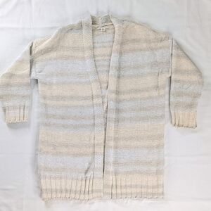American Eagle Chenille Stripe Tan Baby Blue Longline Cozy Ribbed Knit Cardigan